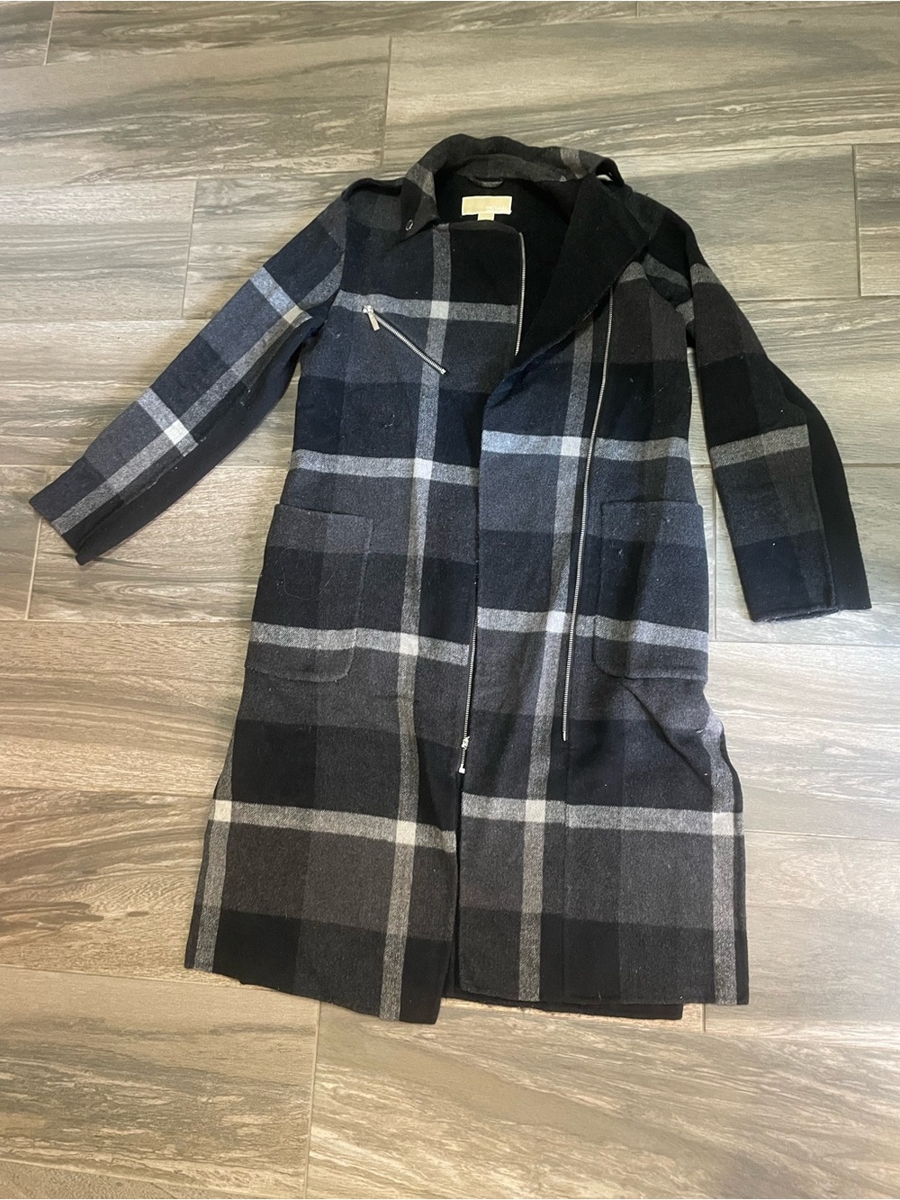 MICHAEL Michael Kors Black & Gray Plaid Wool-Blend Trench Coat